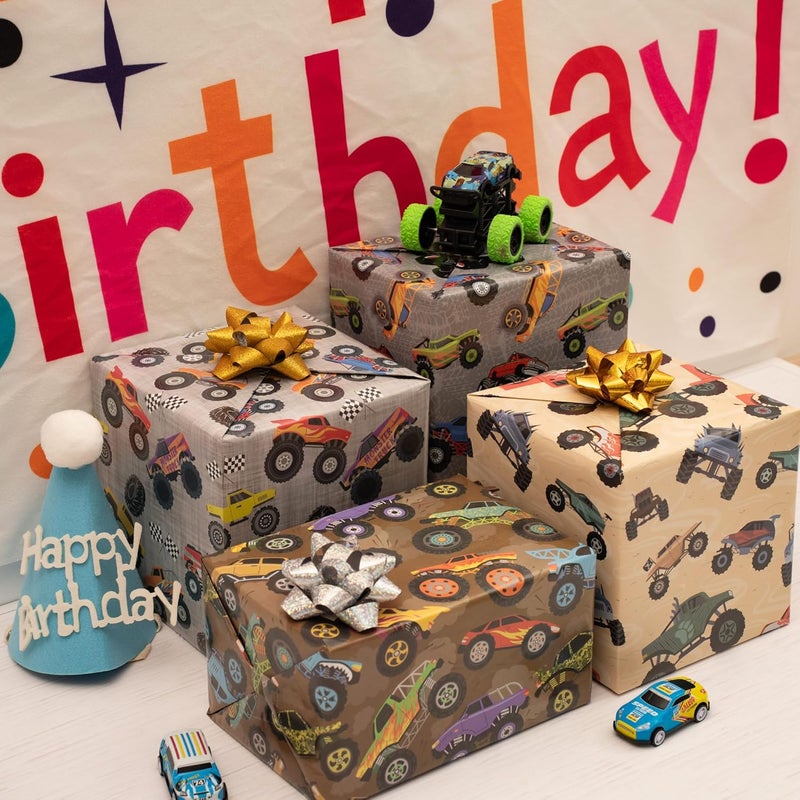 Cuitpan Monster Trucks Wrapping Paper for Kids Birthday Baby Shower - Gift Wrap with Monster Trucks, Checkered Flag Designs - 20 x 29 Inches, 8 Folded Sheets, Recycled… - Image 5